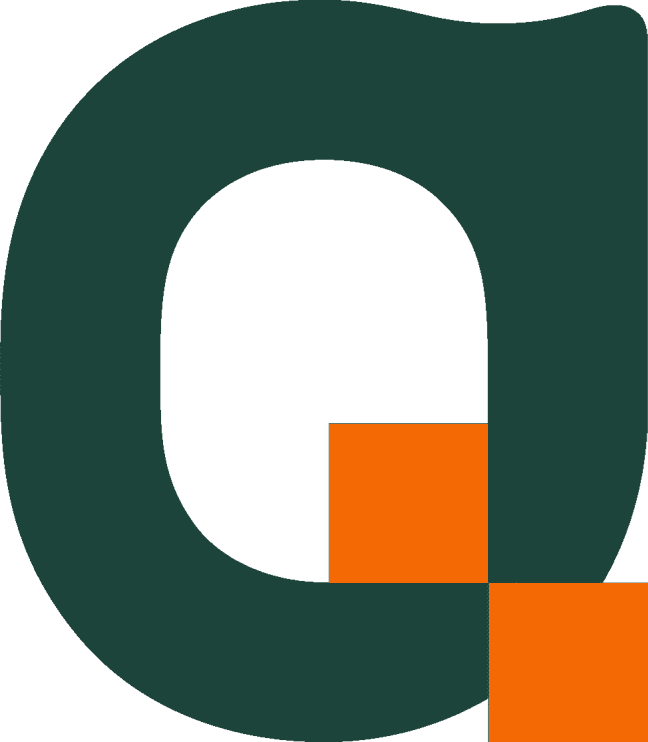 A green and orange logo with the letter q.