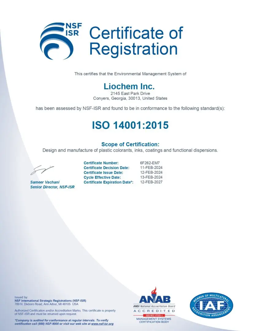 An image of a nsf-isr certificate of registration for iso 14001:2015, awarded to liochem e-materials park, with validation details and accreditation logos.