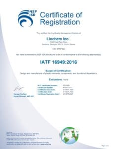 A certificate of registration for liochem inc., showing compliance with iso 16949:2016 standards for designing and manufacturing plastic and functional compounds.