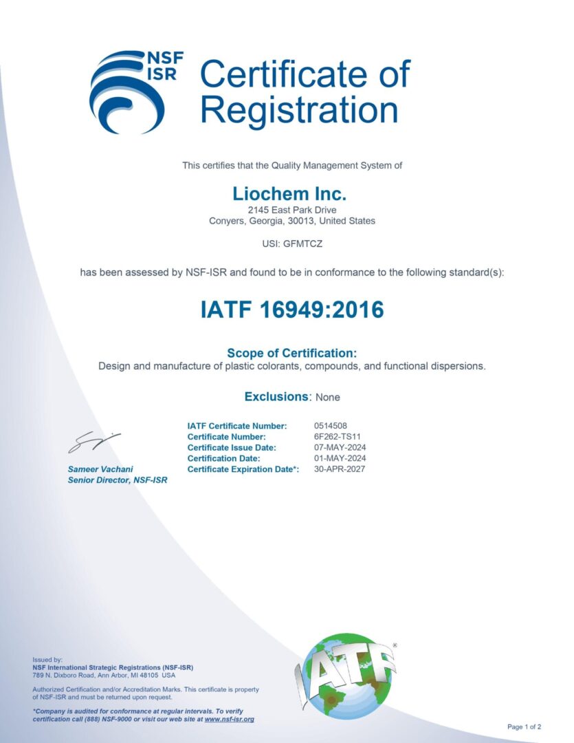 A certificate of registration for liochem inc., showing compliance with iso 16949:2016 standards for designing and manufacturing plastic and functional compounds.