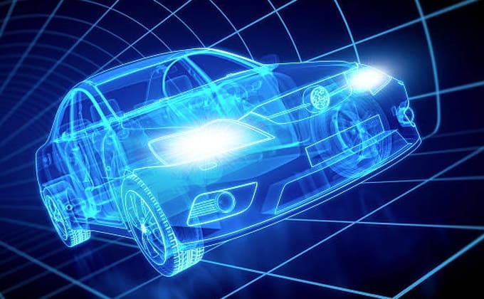 Digital rendering of a blue wireframe car with headlights on, shown in a virtual tunnel with grid lines in the background.